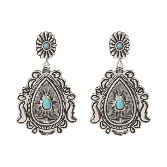 Jewelry - New Western Women's Frontier Antique Teardrop Faux Turquoise Metal Boho Earrings